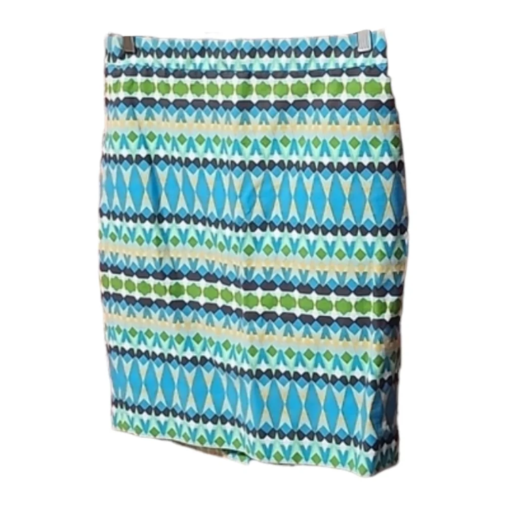 J CREW The Pencil Skirt 6 Midi Blue Geometric Batik Geometric Abstract Art Vibe